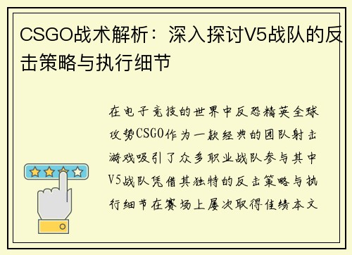 CSGO战术解析：深入探讨V5战队的反击策略与执行细节